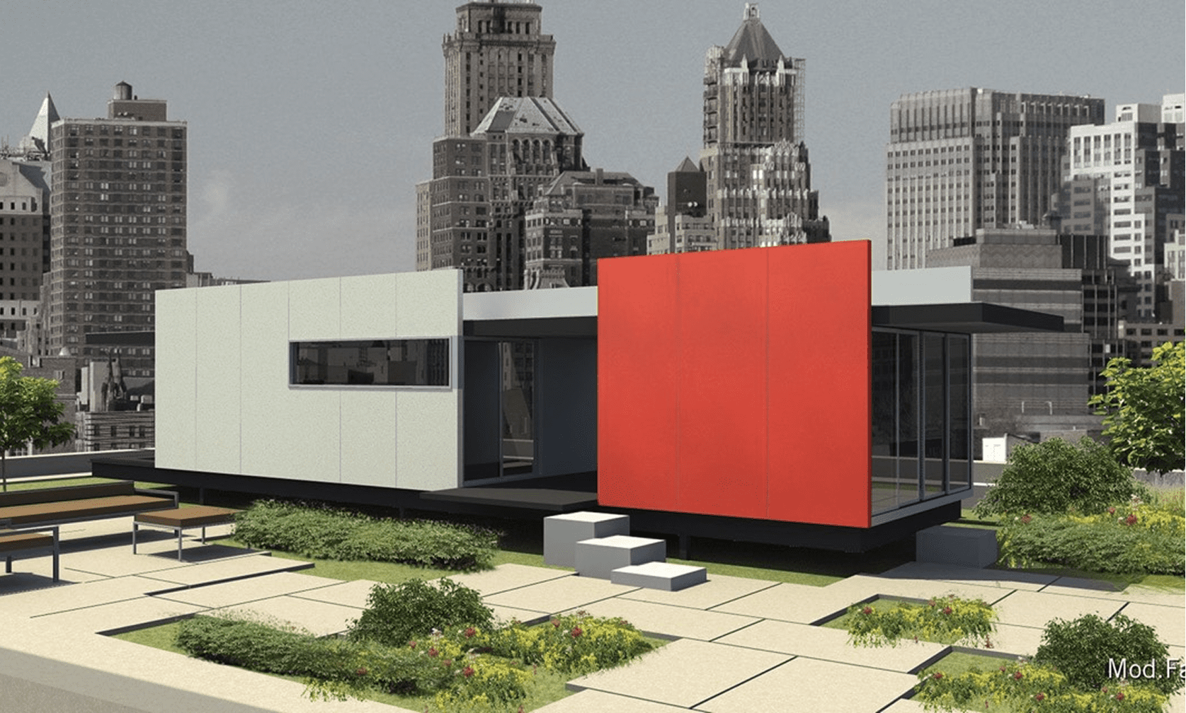 Modern rooftop structure with city skyline backdrop.