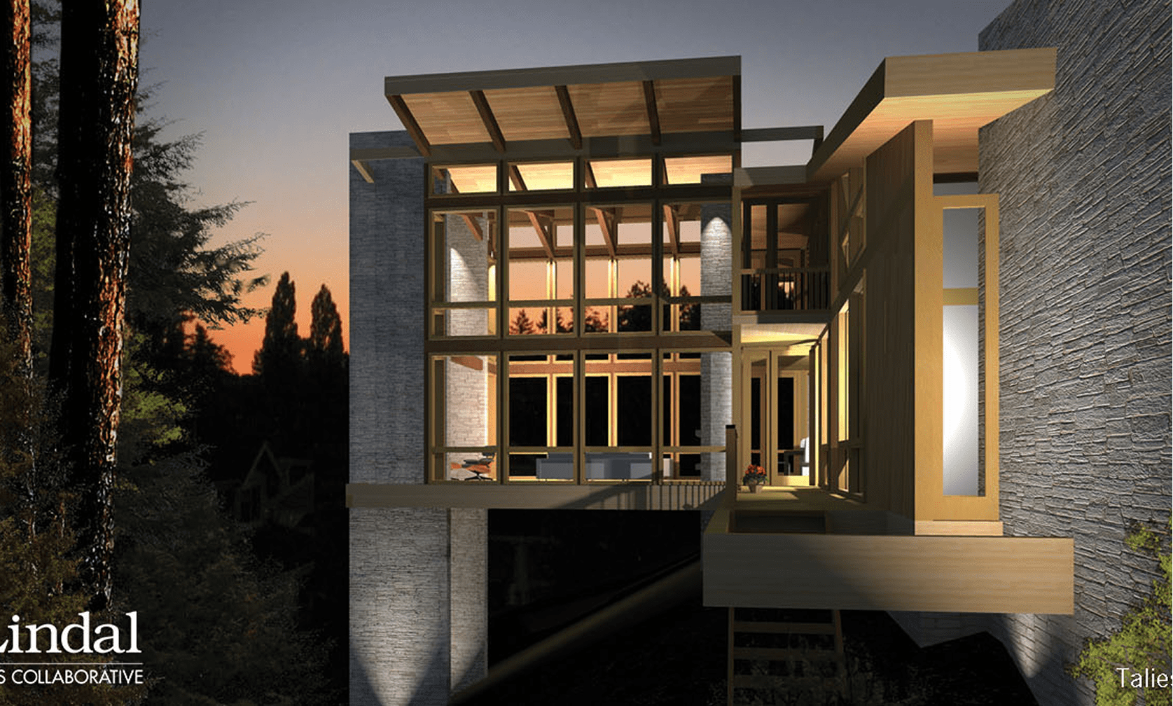 Modern house exterior at sunset, forest backdrop.