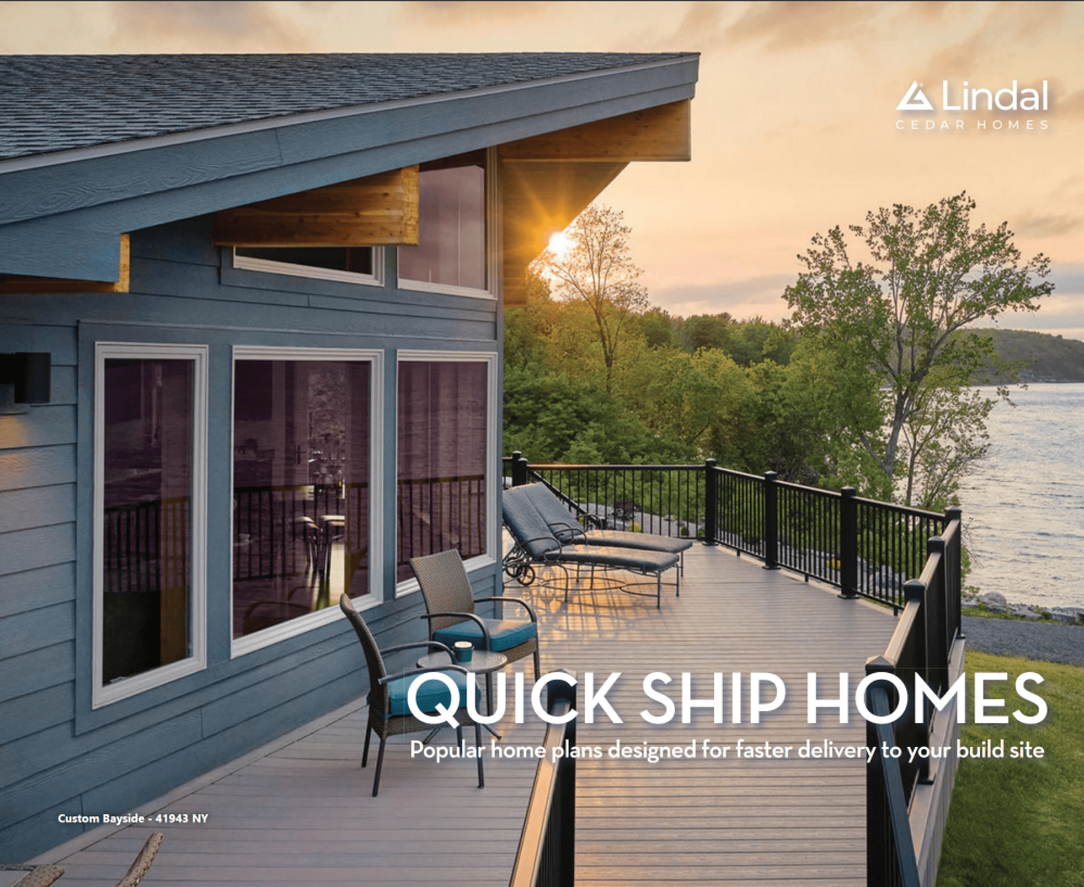 Modern home with spacious deck overlooking lake.