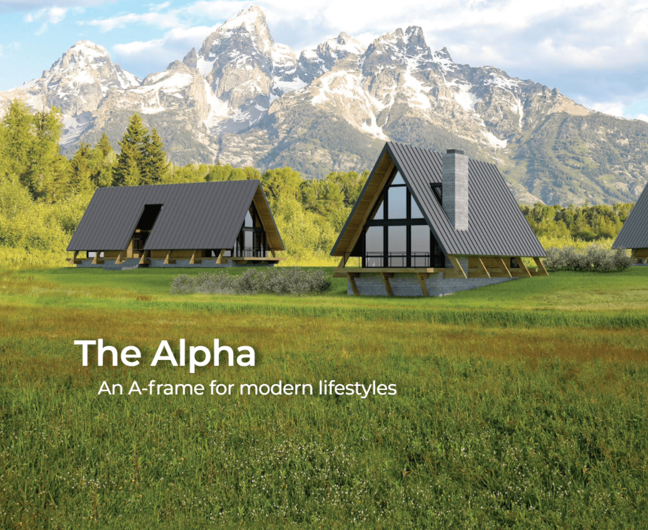 A-frame houses in mountain landscape.