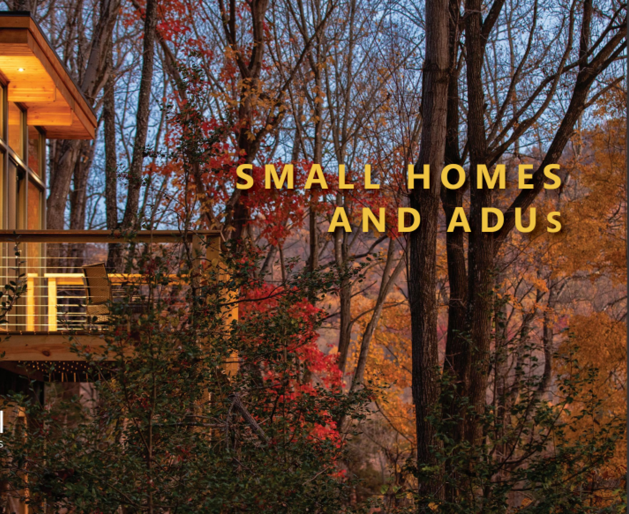 Small homes in autumn forest setting.