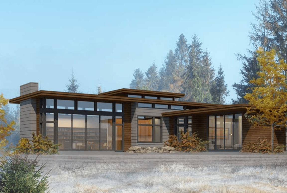 Frame 2095584754 Modern house with large windows and trees.